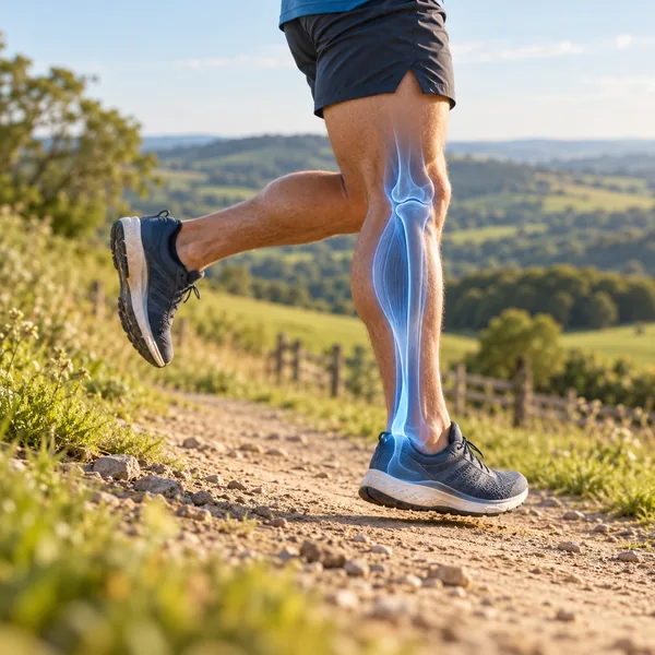 Runner on a countryside path with the shin and Achilles highlighted